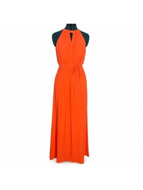 Orange Sunset Flame Halter Flowy Maxi Dress Keyhole Tie Waist Evening Vacation